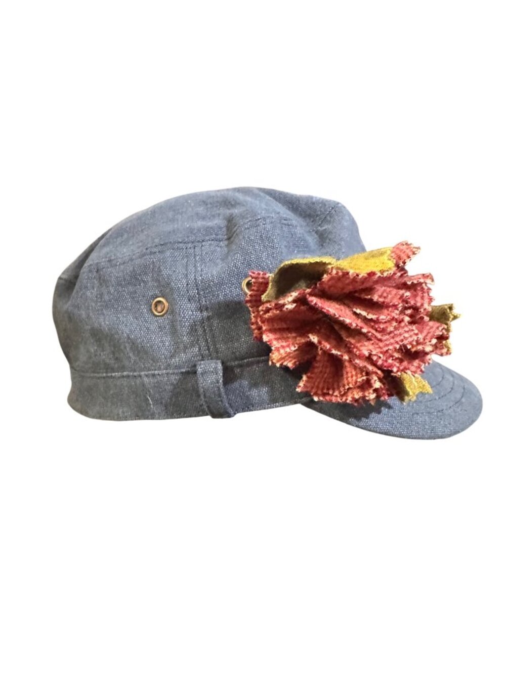 Denim-Style Cotton Cap With Fabric Flower Accent For Women